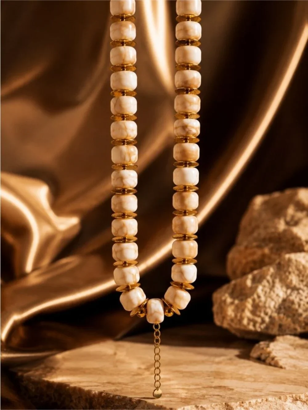 Cream and Gold Marble Resin Bead Necklace